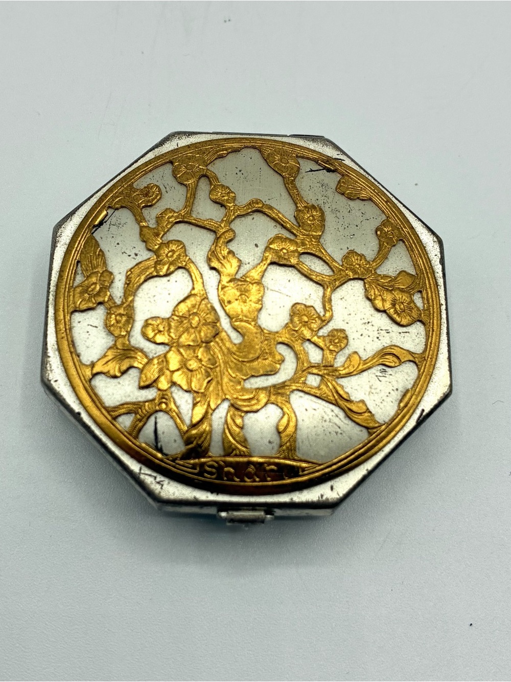 Vintage Shari Langlois New York Art Deco Powder Compact Mirror Floral Case
